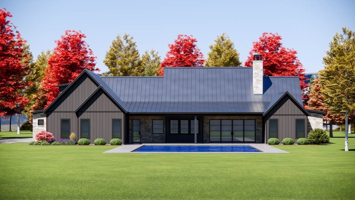 Modern Farmhouse house plan exterior with gabled roof, metal roof, stone and vertical siding, and a swimming pool.