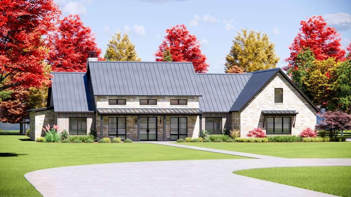 Modern Farmhouse house plan exterior with stone facade, metal roof, prominent gables, and covered entry.