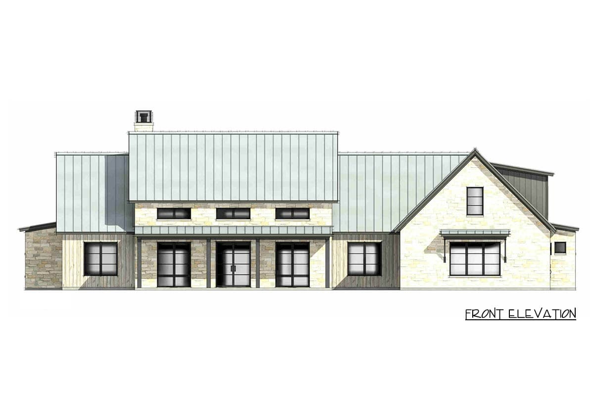 Front elevation of a two-story house plan with stone and wood siding, metal gable roofs, and large windows.