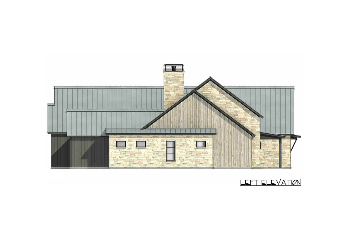 Left elevation of a house plan featuring stone and wood siding, metal roof, chimney, and garage.