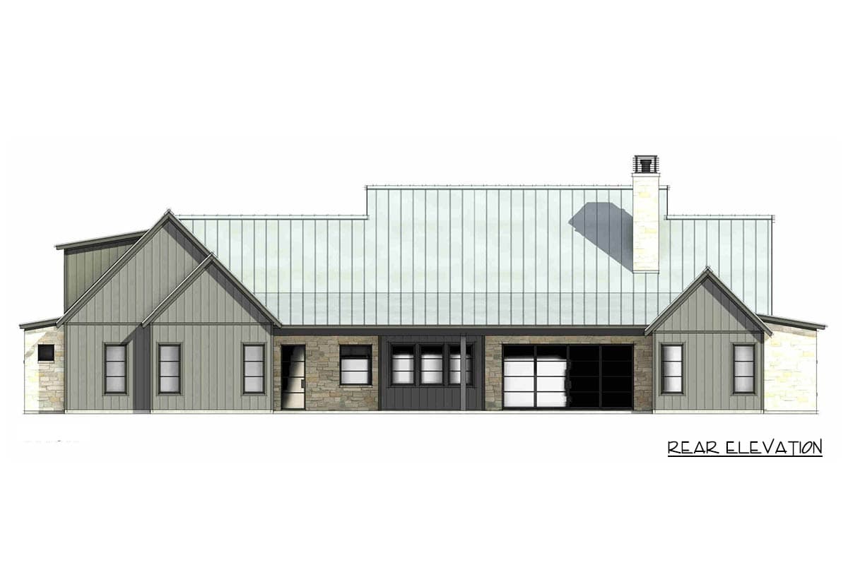Rear elevation of a single-story house plan with a metal roof, stone accents, gables, and a garage.