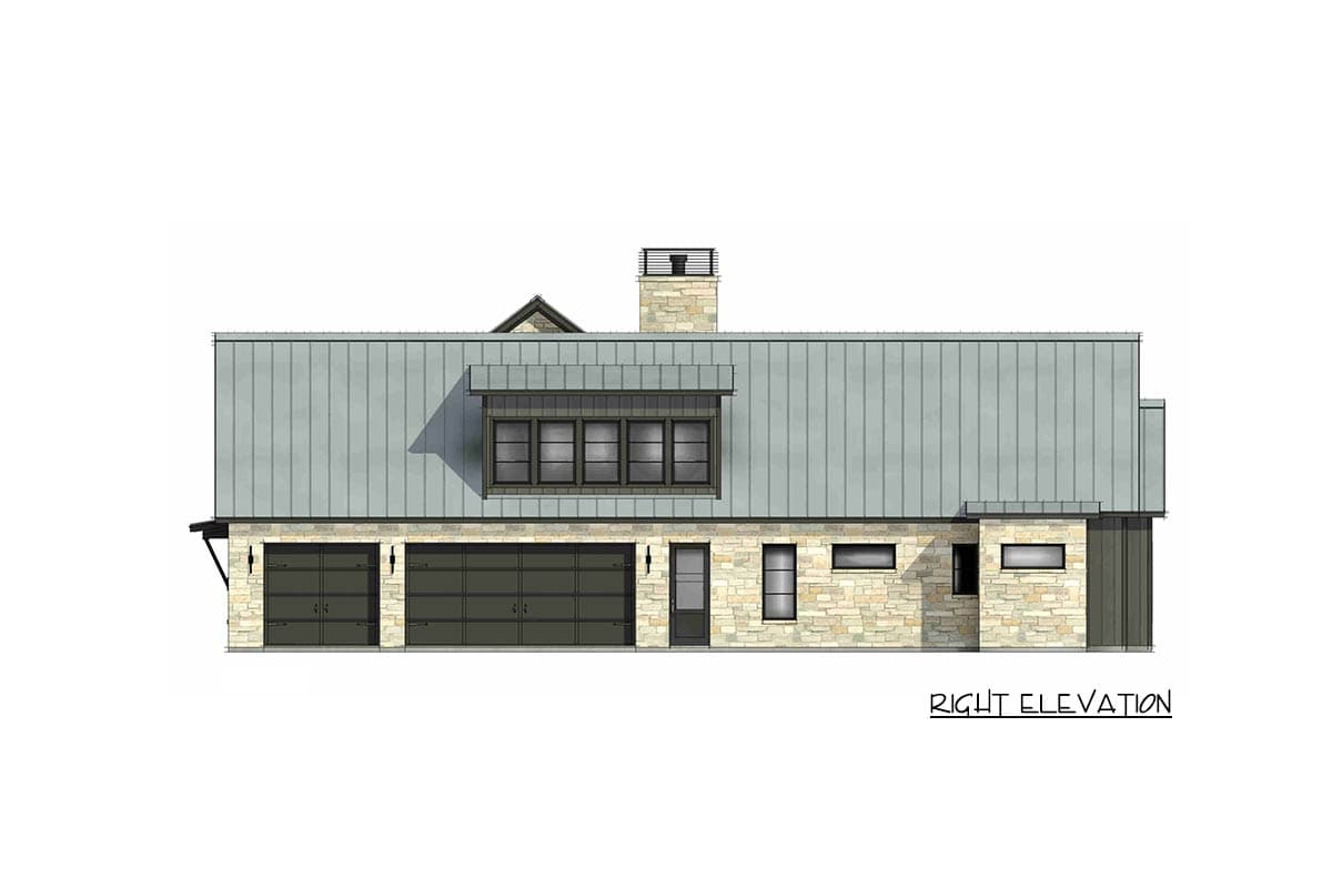 House plan right elevation with metal roof, stone exterior, three garage doors, and multiple windows.