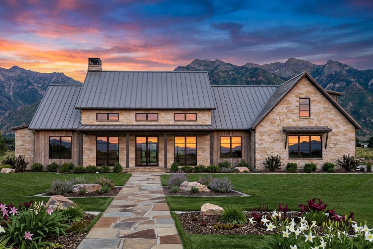 Modern Farmhouse house plan exterior with stone and wood facade, metal roof, covered porch, and large windows.