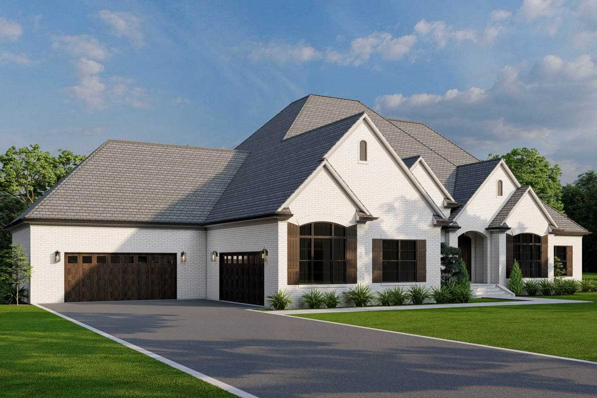 House plan exterior: Modern Farmhouse style, white brick, two-car garage, arched entryway, and multiple gables.