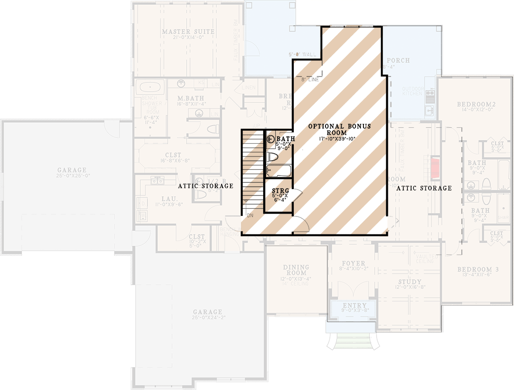 Plan 70928MK: 3-Bed European-Style House Plan with Bonus Room and Grilling Porch - Floor Plan - Optionally Finished Bonus Room - European, Traditional