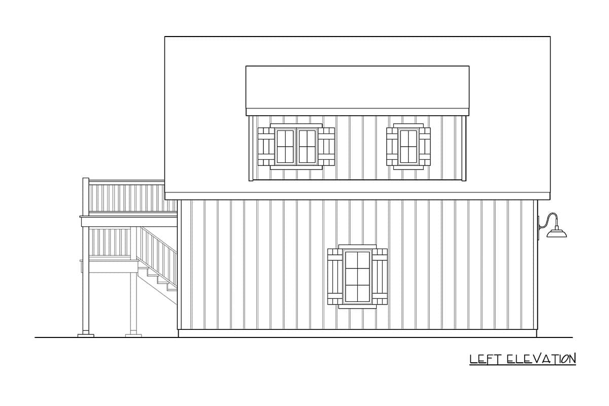 Left elevation house plan showing a two-story structure with vertical siding, two upper windows, one lower window, and a side deck with stairs.