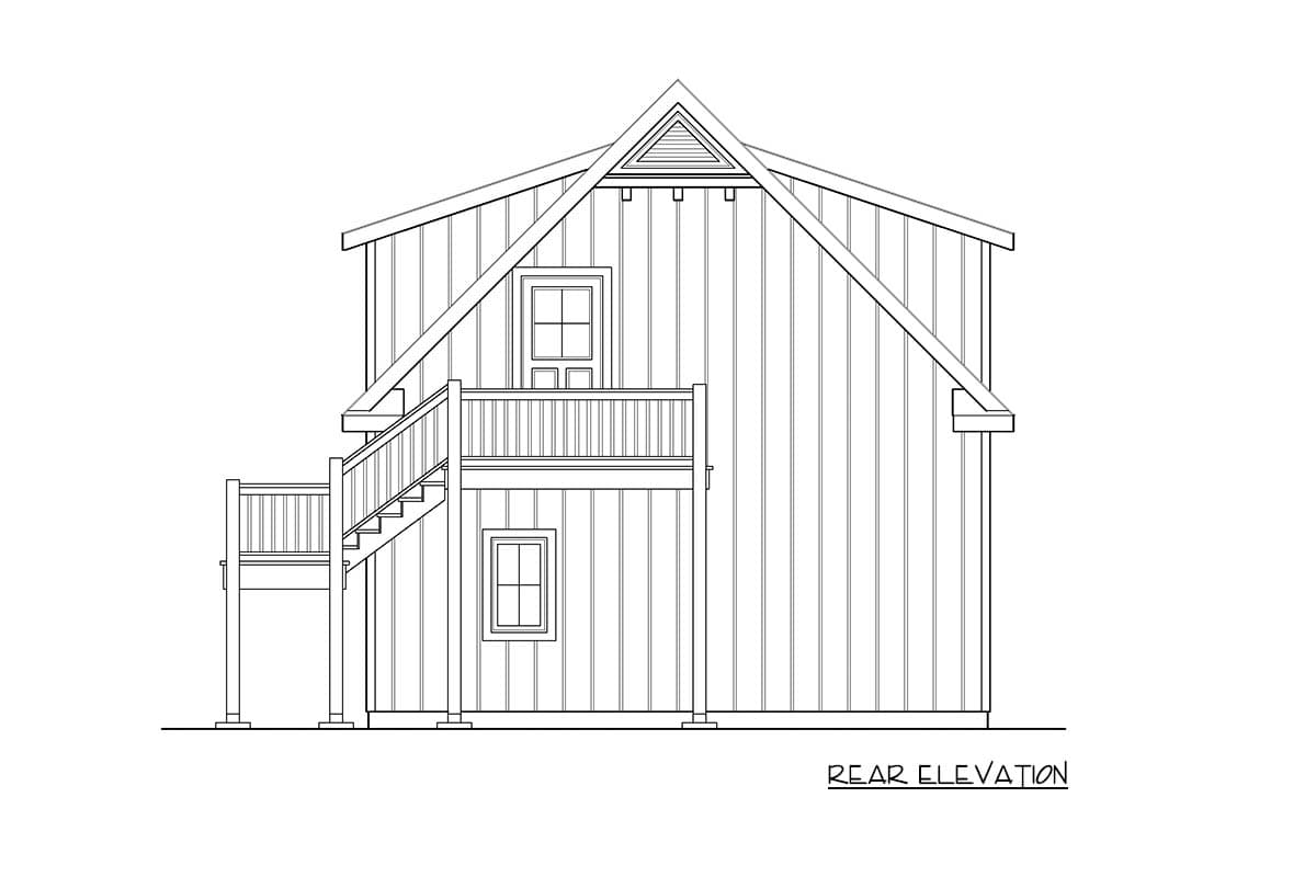 Rear elevation drawing of a two-story house plan with a prominent gable, two windows, and a deck with stairs.