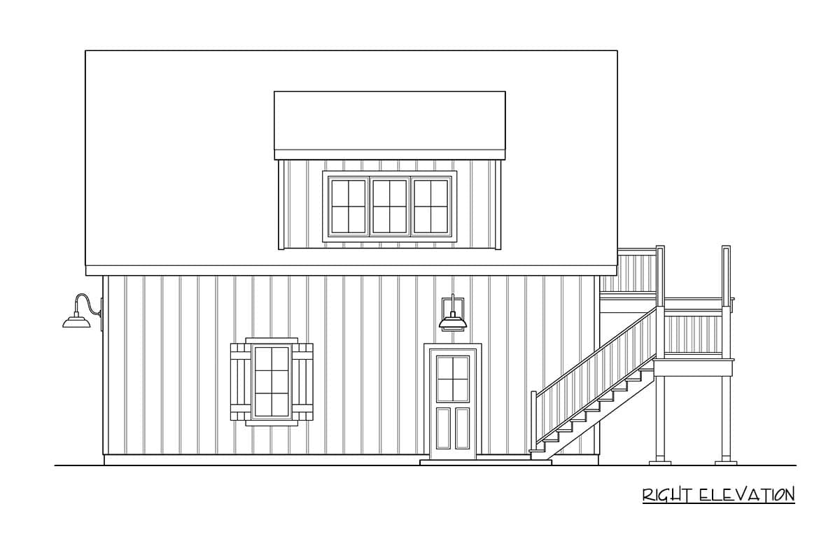 Right elevation drawing of a two-story house plan with vertical siding, a front door, windows, and a deck with stairs.