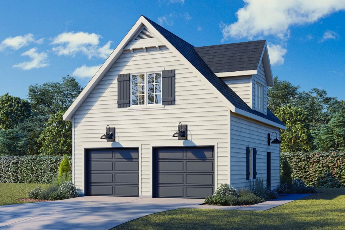 House plan exterior. Two-story structure with gable roof and dormer. Features include two-car garage, window shutters, and exterior lighting.