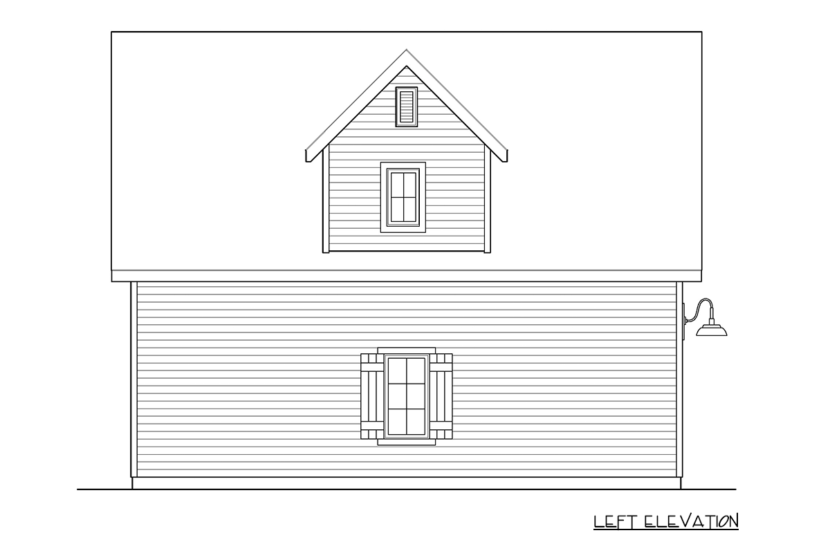 Left elevation of house plan showing two windows, a dormer window, and exterior light.