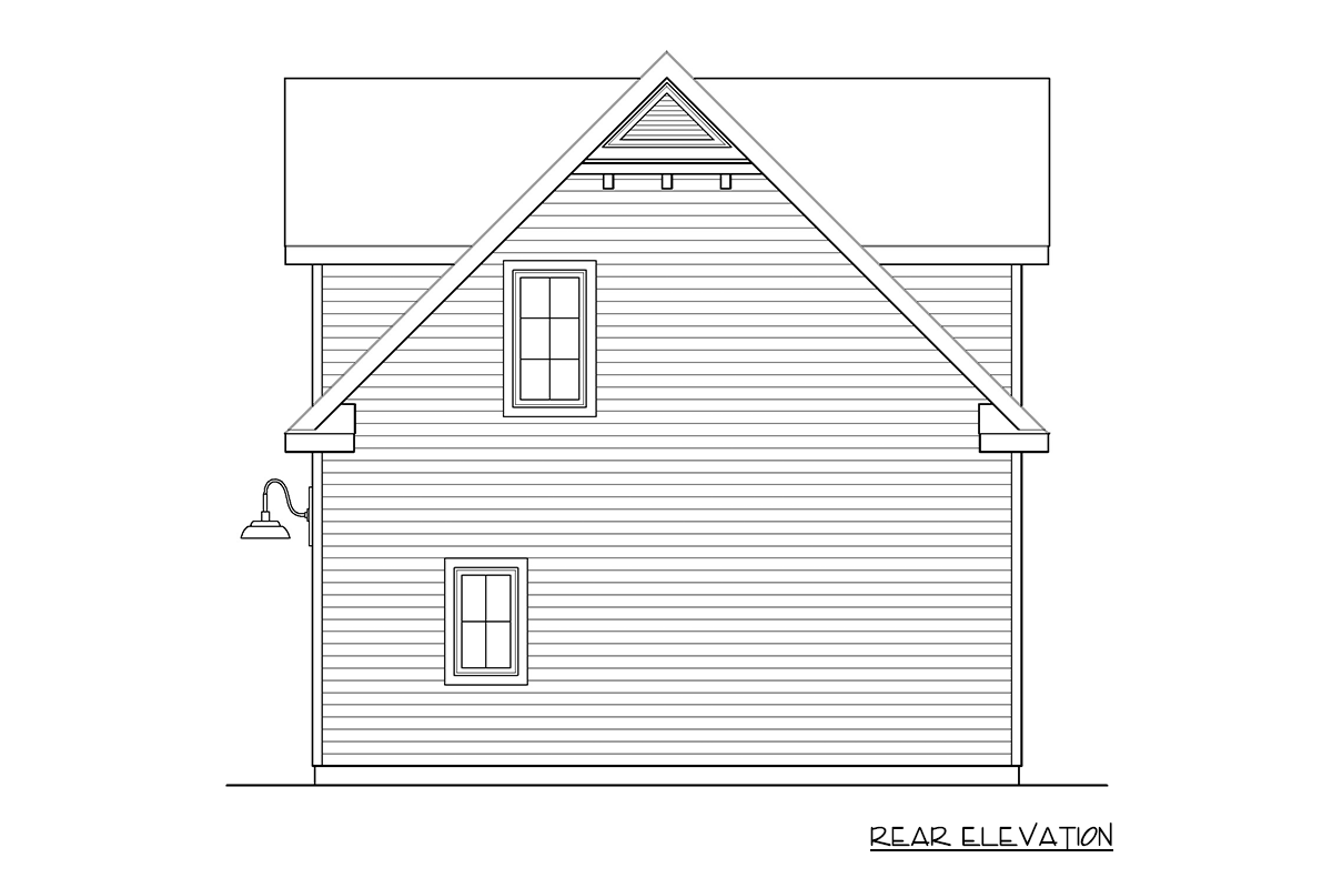 Rear elevation drawing of a two-story house with horizontal siding, two windows, and a gabled dormer.