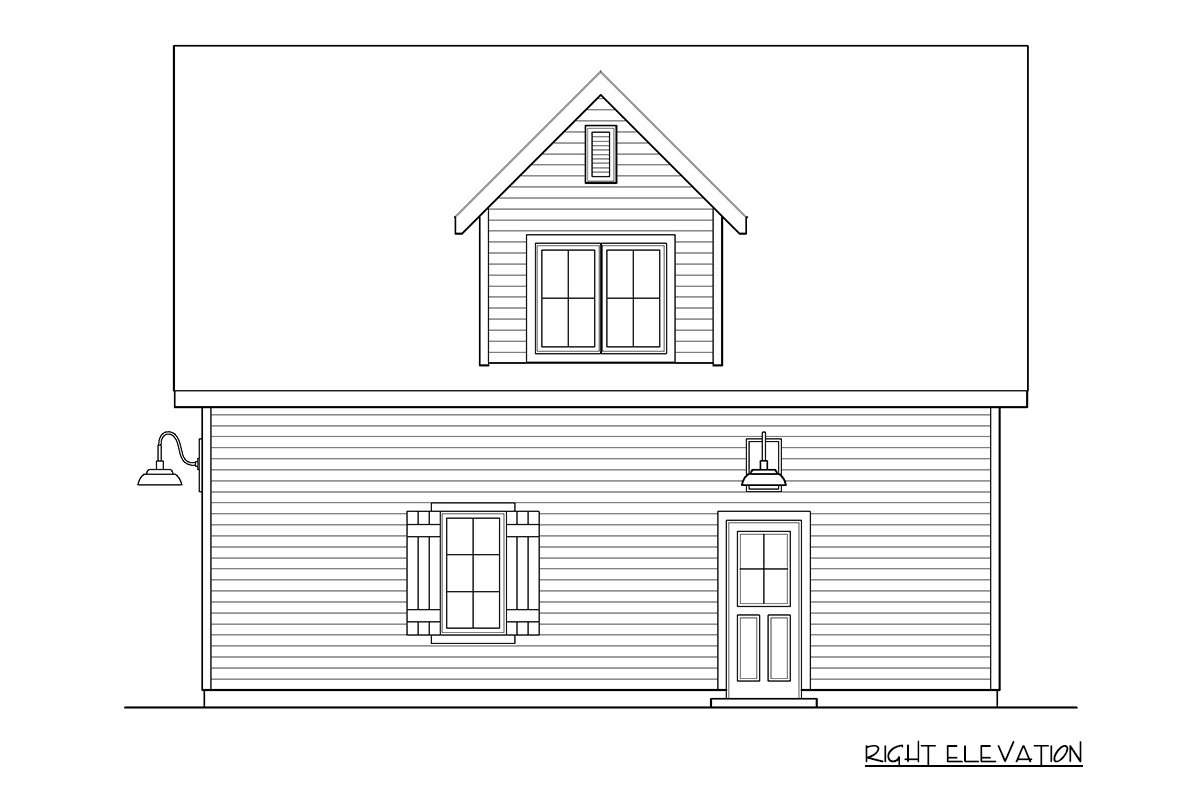 Right elevation house plan drawing with horizontal siding, dormer, door, and two windows.