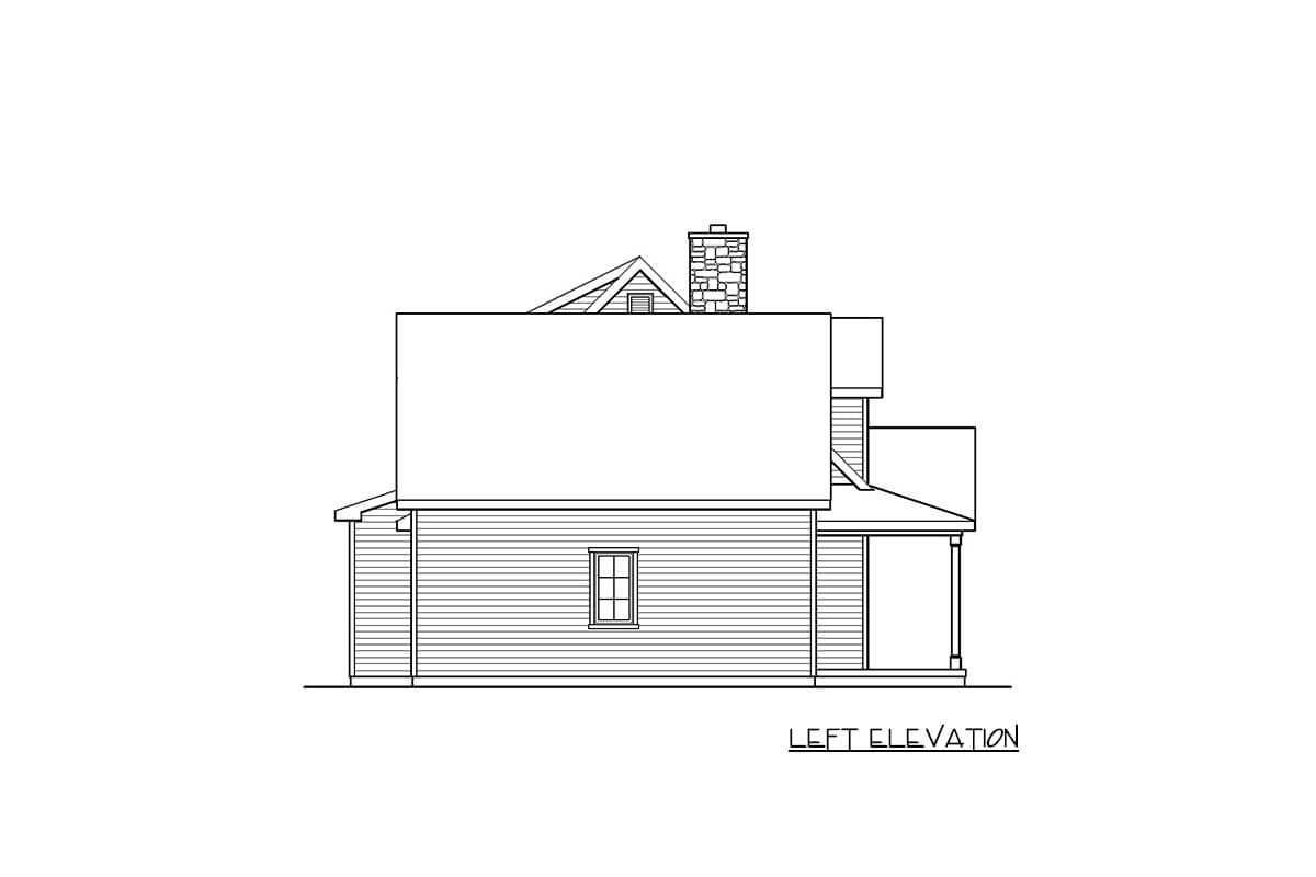 Left elevation of a house plan showing a pitched roof, dormer, stone chimney, and covered porch.