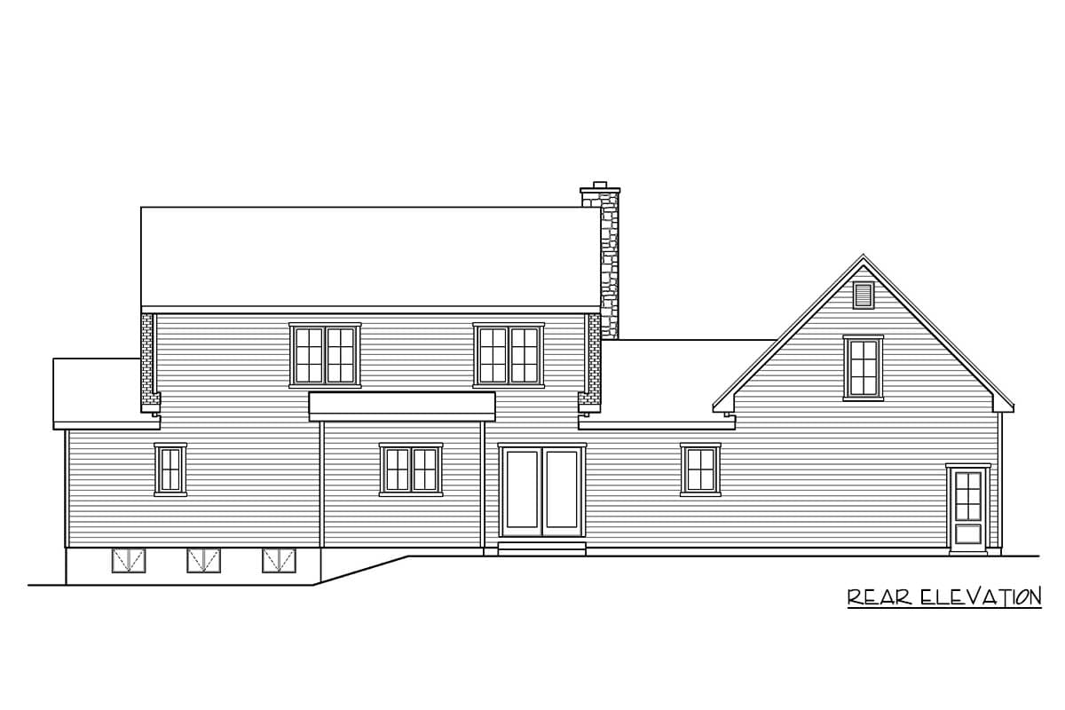 Rear elevation house plan with clapboard siding, multiple windows, double doors, and stone chimney.