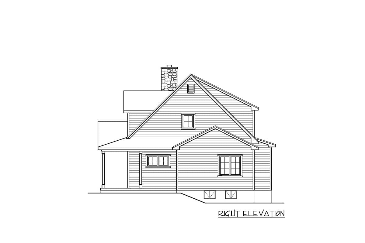 Right elevation house plan drawing with gabled roof, stone chimney, and covered porch.