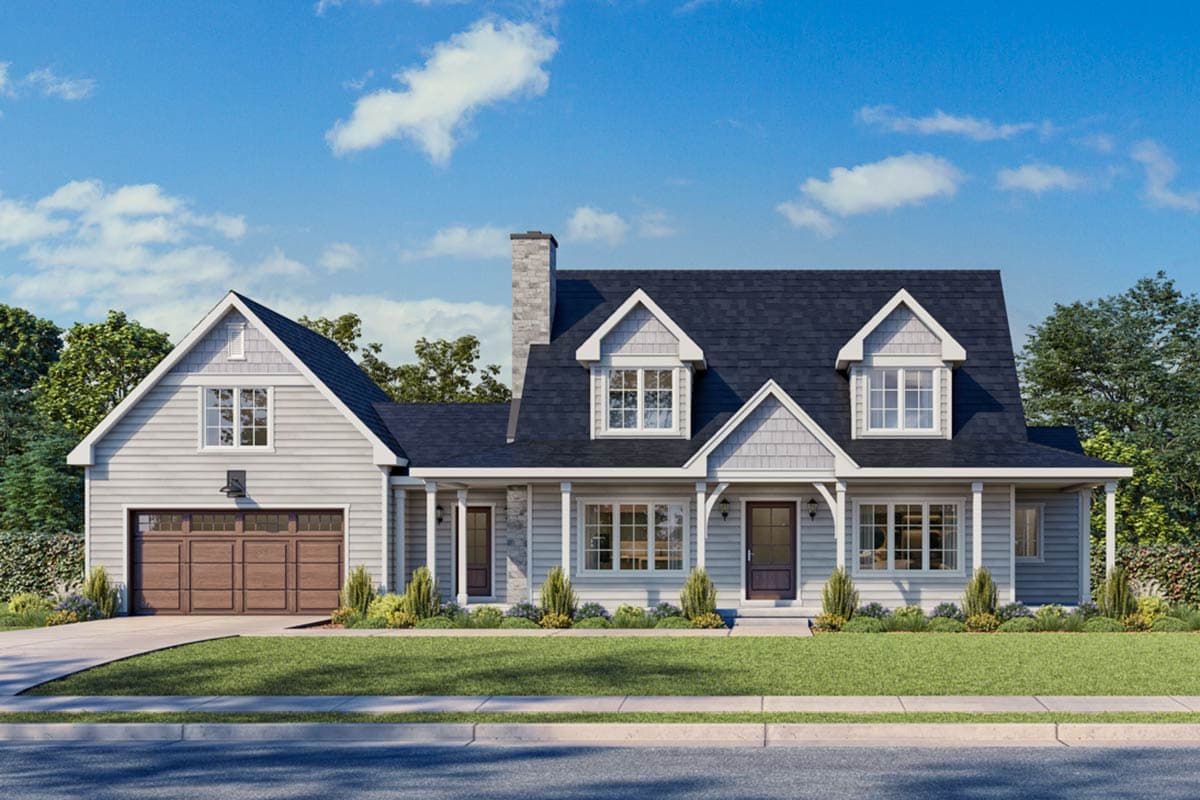 House plan exterior. Two-story, Craftsman-style home with gabled roof, dormers, and front porch. Attached garage has a side-facing orientation.