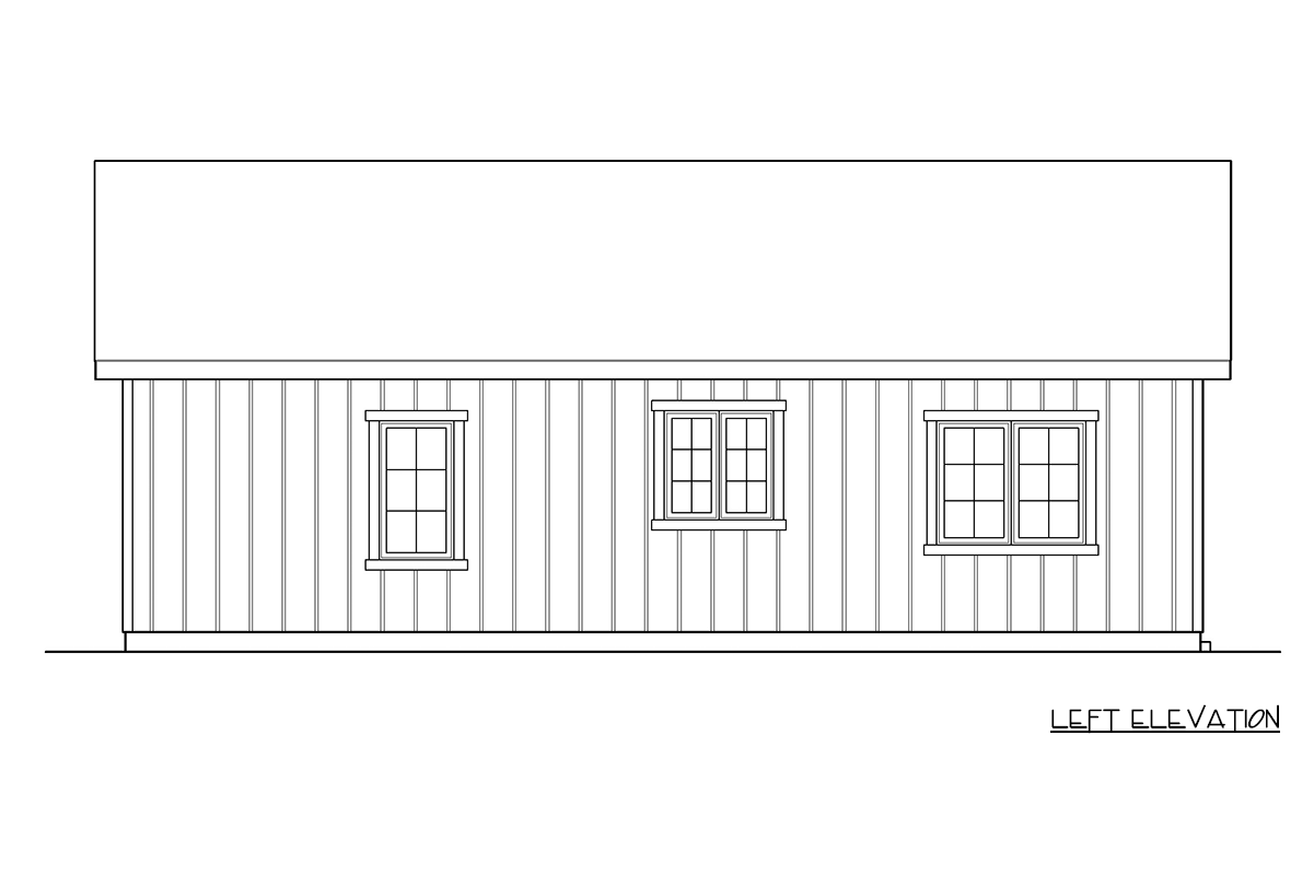 Left elevation house plan with vertical siding and three windows. Shows a simple gable roofline.