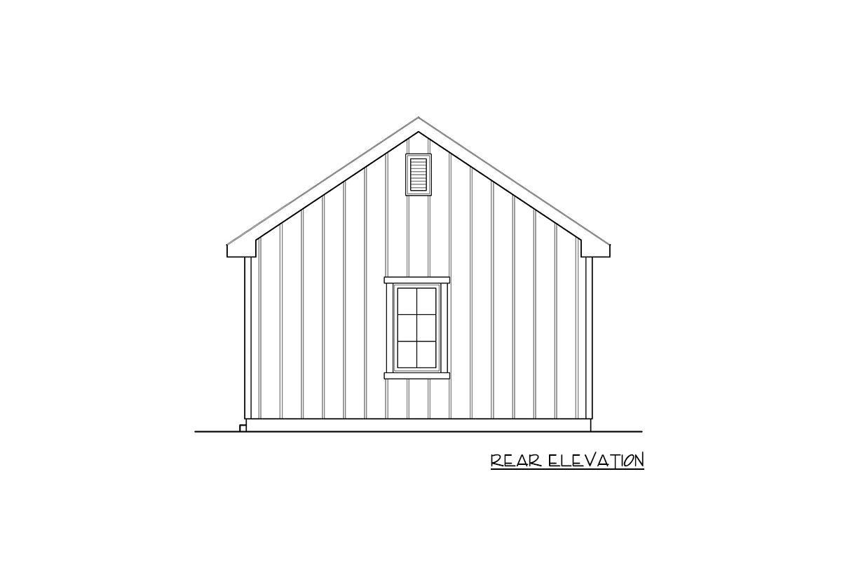 Rear elevation drawing of a house plan featuring vertical siding, a single window, and a gable roof with a louvered vent.