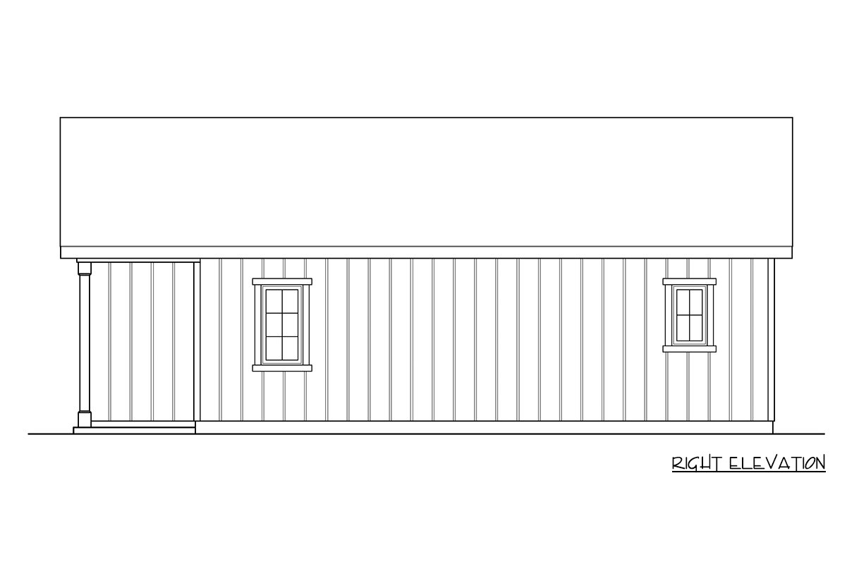 Right elevation house plan drawing showing a single-story structure with vertical siding, a porch, and two windows.