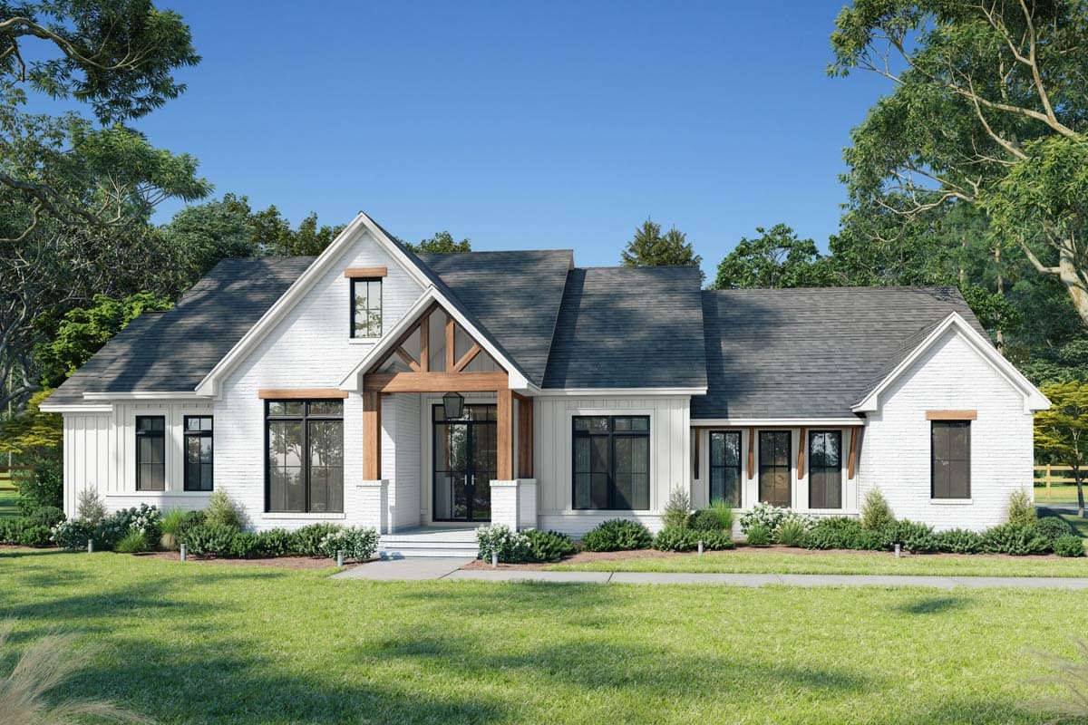 House plan exterior featuring a two-story farmhouse style with a gable roof, covered porch, and board and batten siding.