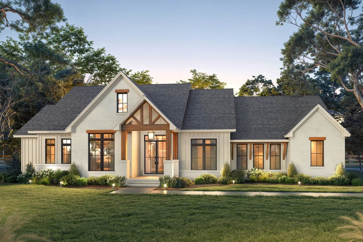 Modern Farmhouse house plan exterior, one story, white brick, board and batten siding, covered entryway, gable roof.