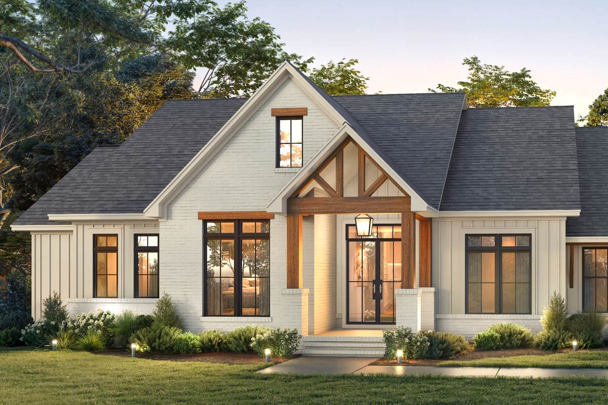 Modern Farmhouse house plan exterior with white brick, gable roof, exposed wood beams, and a covered entry.