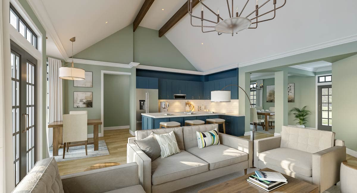 Open concept living area with vaulted ceiling, exposed beams, kitchen island, and dining nook.