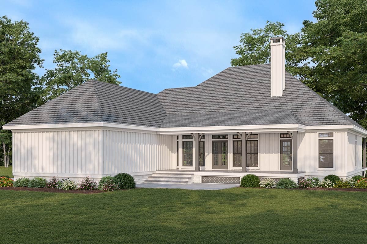 House plan exterior: one-story Modern Farmhouse with board and batten siding, covered porch, and prominent chimney.
