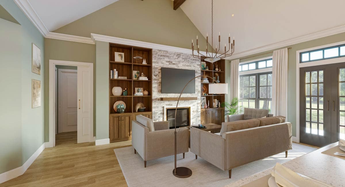 Interior rendering of a living room with vaulted ceiling, stone fireplace, built-in bookshelves, and large windows.