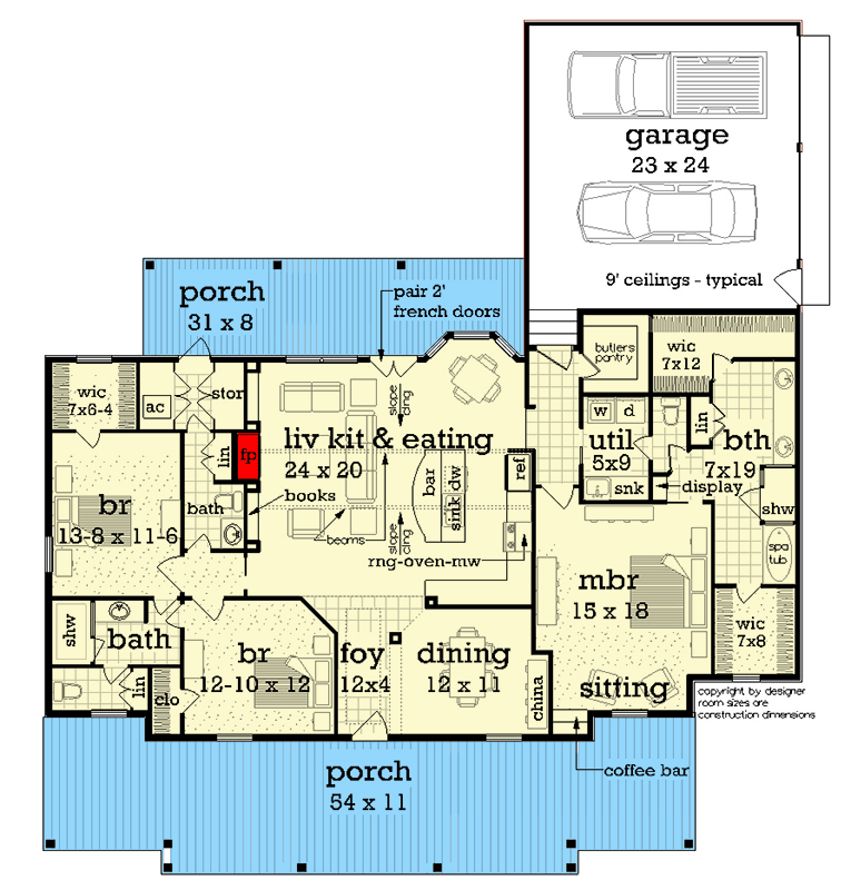 Plan 55251BR: Southern Ranch House Plan with Spacious Porches - Floor Plan - Main Level - Country, Ranch, Southern