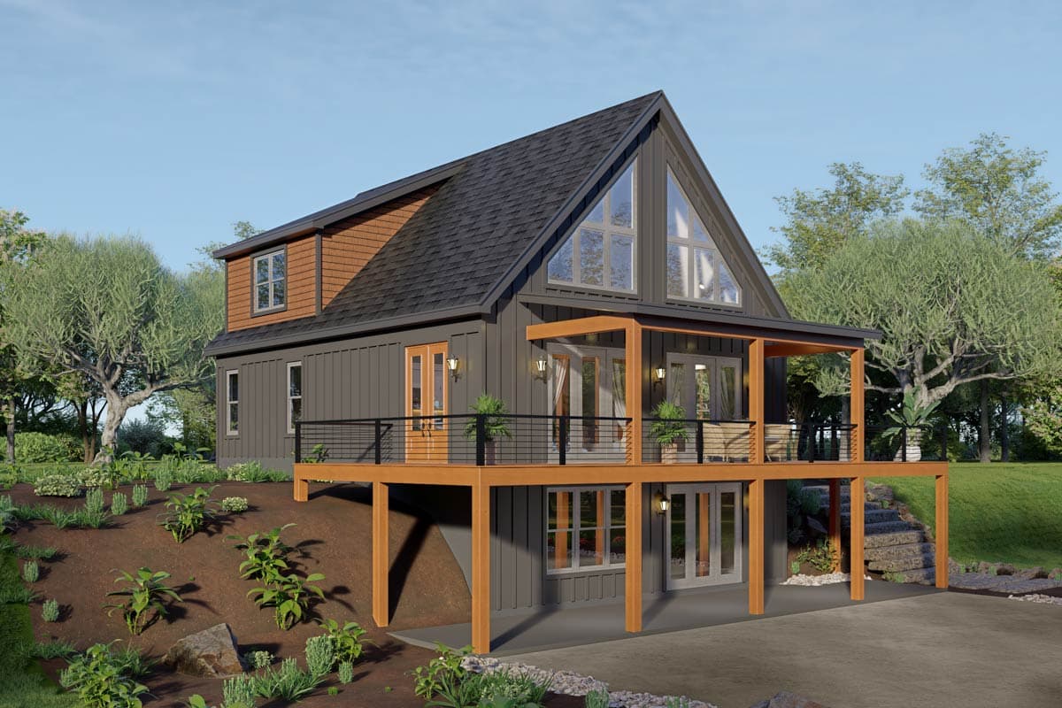 House plan exterior featuring a modern A-frame design, a prominent dormer, and a wrap-around deck supported by wooden posts.