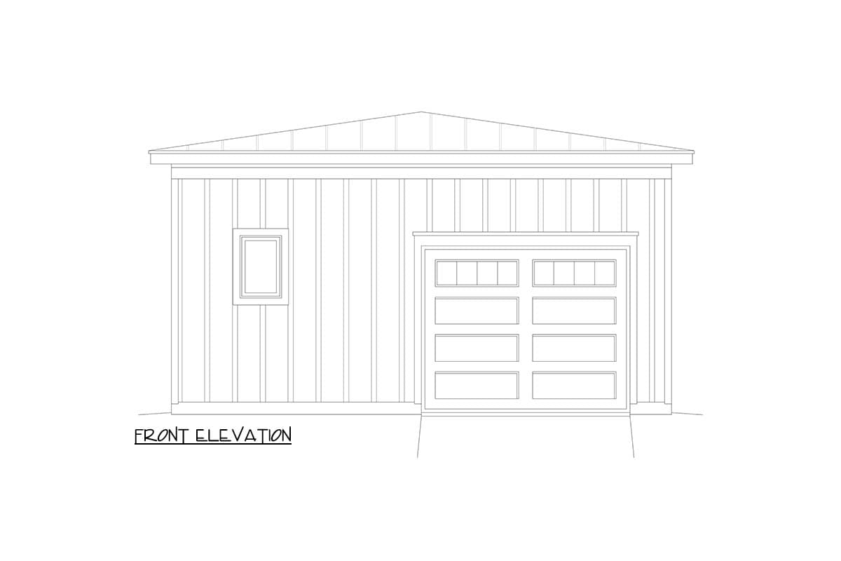 Front elevation drawing of a garage with a single garage door and one small window.