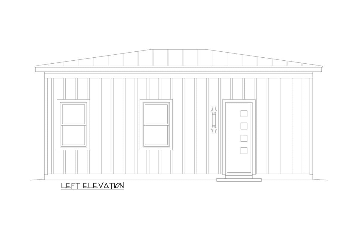 Left elevation house plan with vertical siding, two windows, and a door with four square panels.