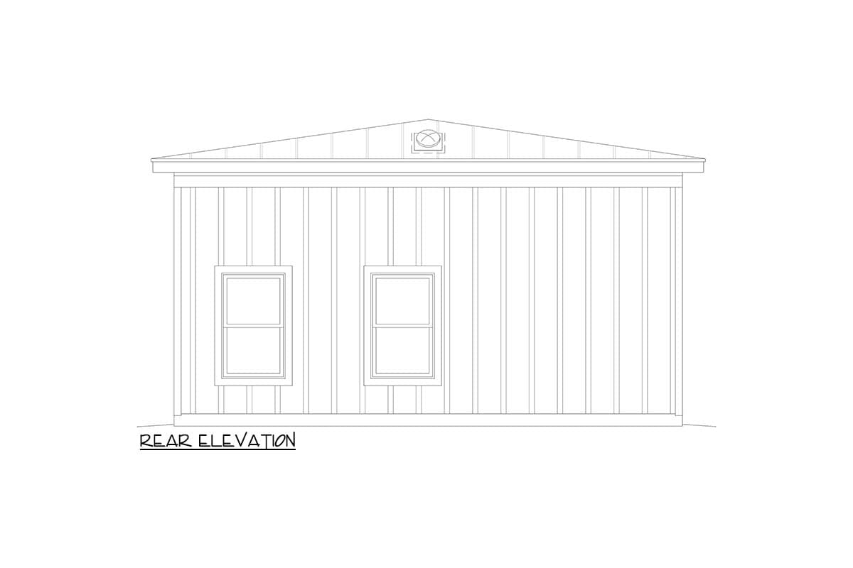 Rear elevation house plan drawing showing vertical siding, two windows, and a gable vent.