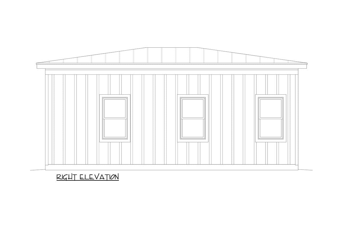 Right elevation drawing of a house plan with vertical siding and three evenly spaced windows.