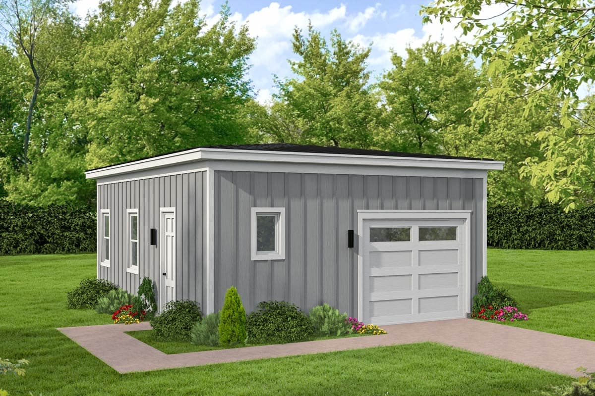 House plan exterior with modern style, one story, a flat roof, and a garage door with a pedestrian entry door.