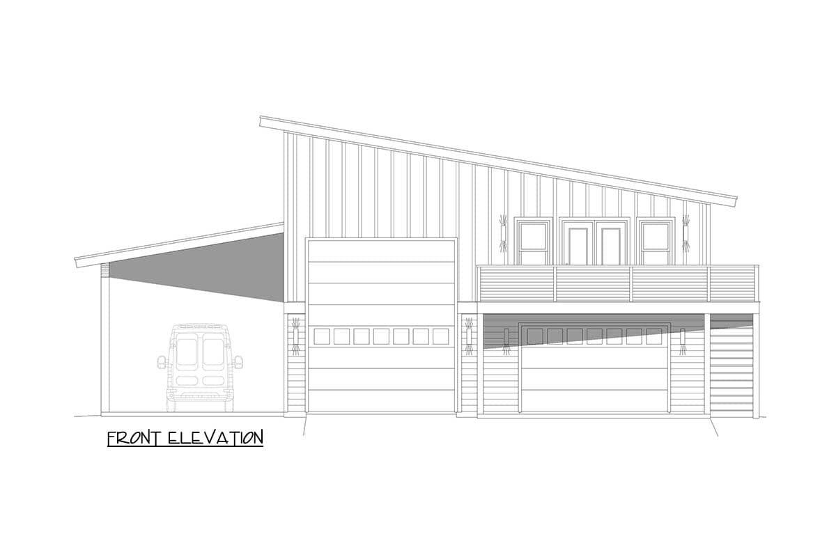 Front elevation of a modern house plan with a sloped roof, carport, and two garage doors.