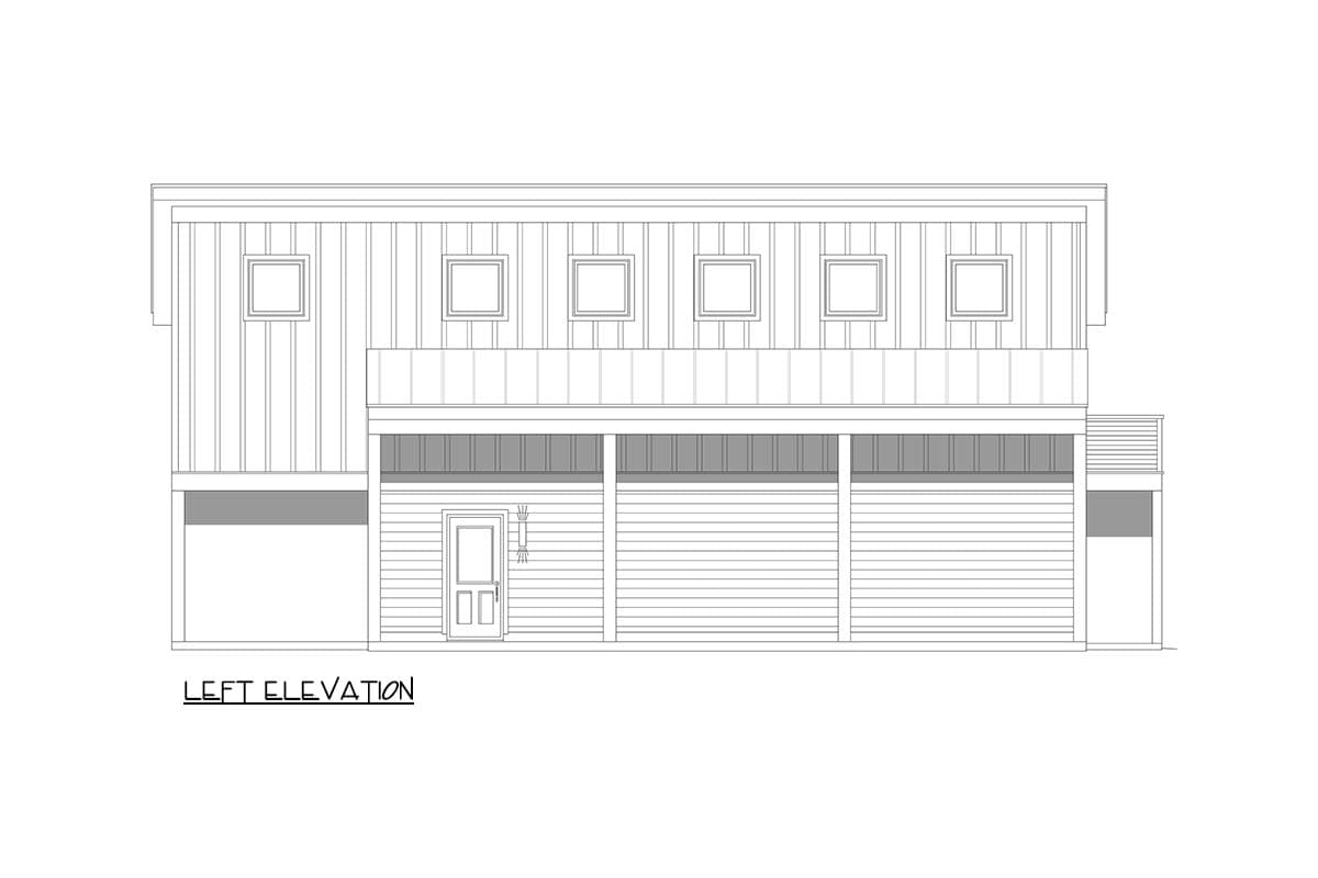 Left elevation drawing of a two-story house plan with a covered porch, five upper windows, and three ground-level garage bays.