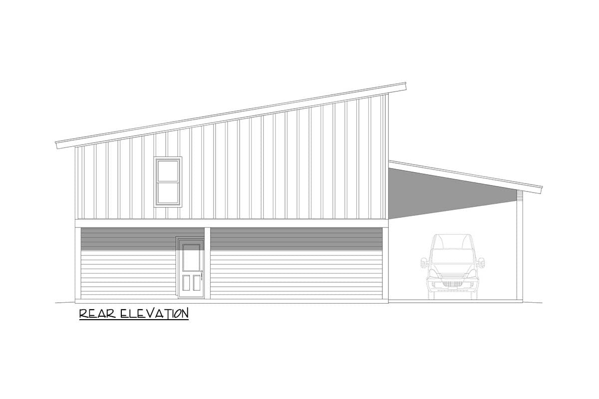 Rear elevation of a house plan showing a modern asymmetrical roofline, vertical siding, a single window, and an attached carport with a vehicle.