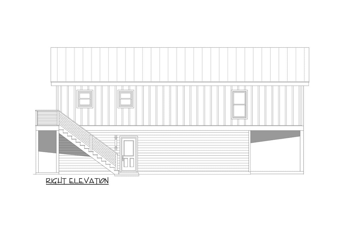 Right elevation drawing of a house plan with vertical siding, three windows, a door, and an exterior staircase leading to a deck.