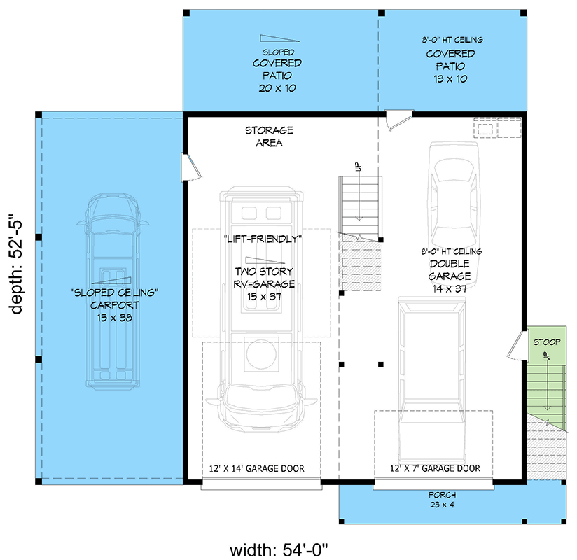Plan 680588VR: Contemporary 2-Bedroom House with RV Garage and Balcony - Floor Plan - Main Level - Contemporary