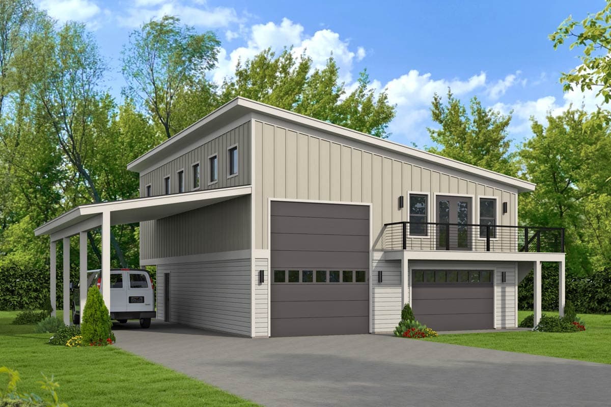 House plan exterior. Two-story Modern style with flat roof, covered carport, and second-story balcony. Features two garage bays.