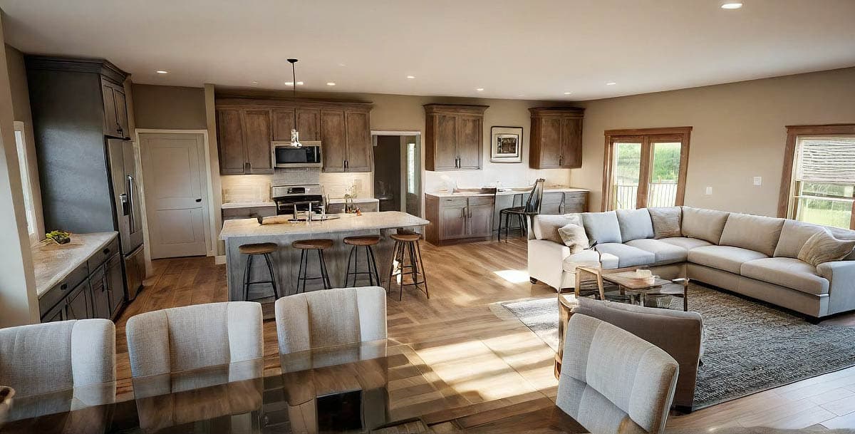 Open concept living area with kitchen island, sectional sofa, dining table, and wood flooring.