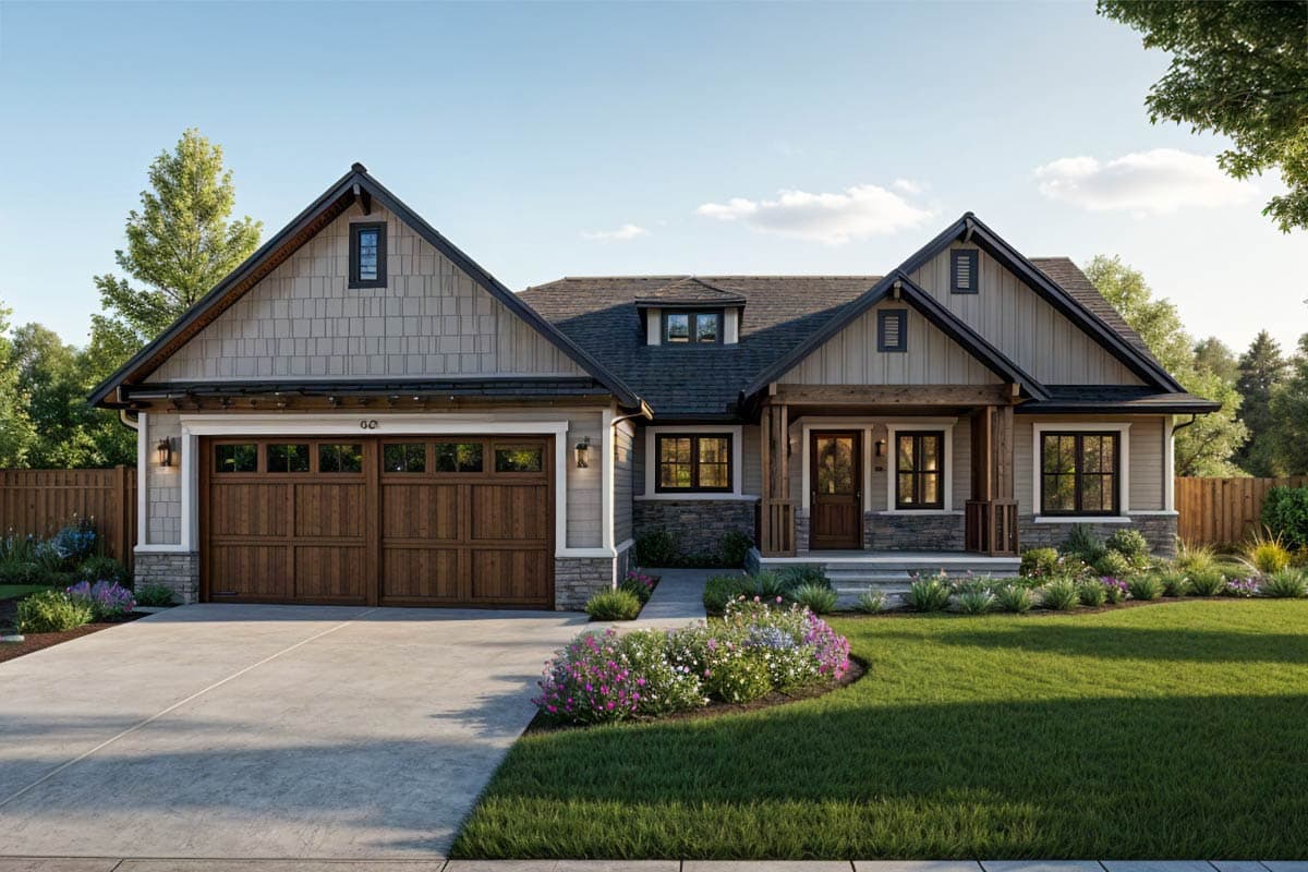 House plan exterior of a one-story Modern Farmhouse with a prominent gable, stone accents, a covered front porch, and a double garage.