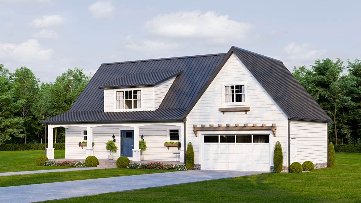 A modern white house with a dark gray roof and blue front door. A concrete driveway leads to the house, surrounded by green lawns and trees.