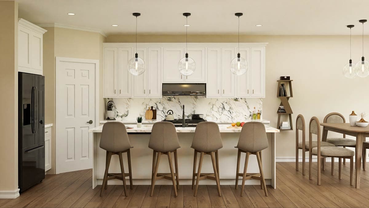 Modern kitchen with white cabinets, marble backsplash, island with stools, and pendant lights. A dining area and black refrigerator are also visible.