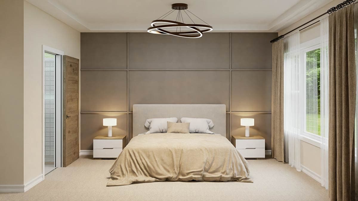 A modern bedroom with a large bed, nightstands, and a stylish light fixture. Large windows with curtains and a door leading to a bathroom.
