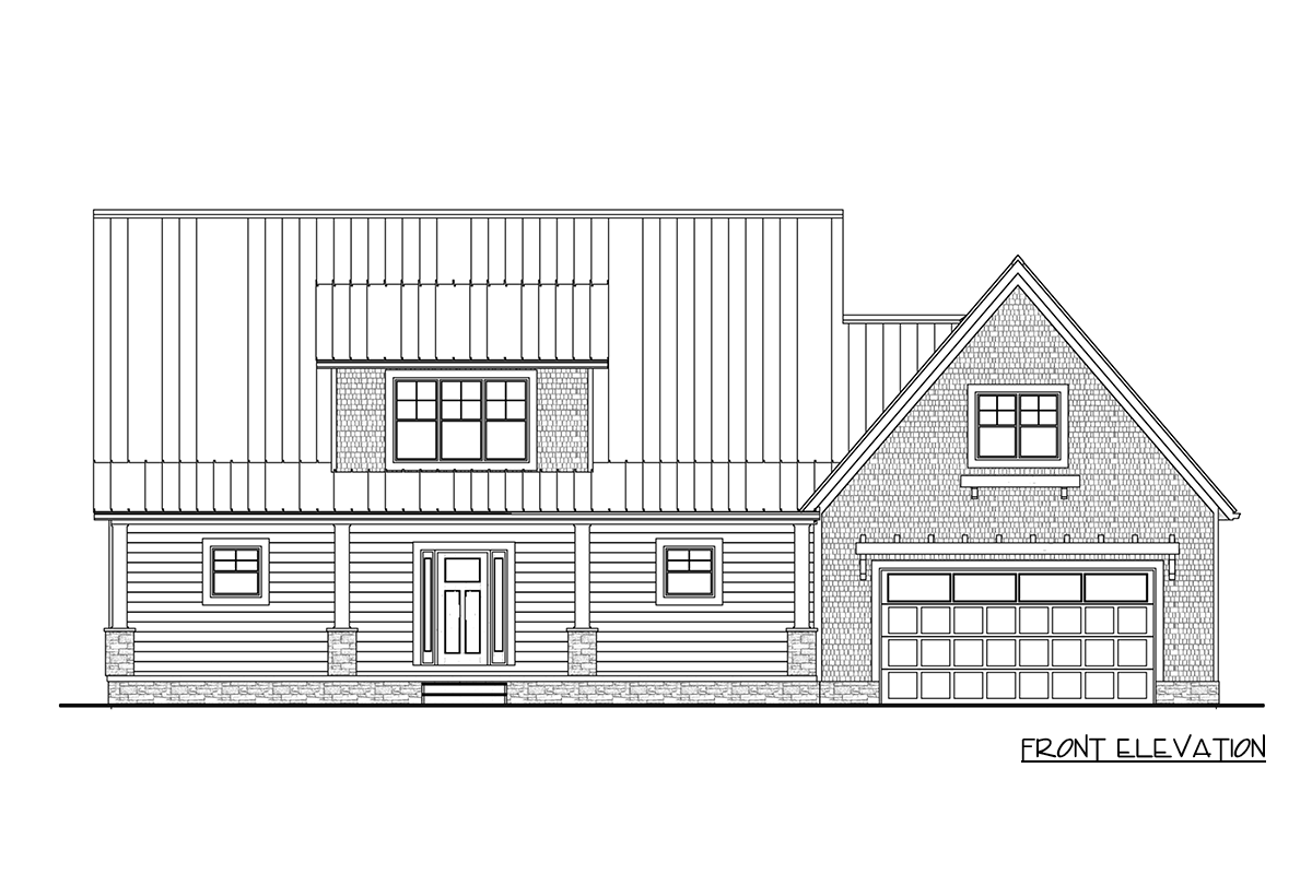 Line drawing of a house front elevation. The design shows a house with a gable roof, porch, small windows, and a garage with a paneled door.
