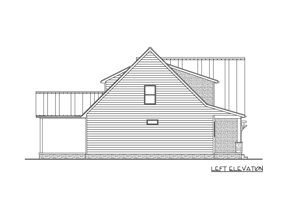 Side elevation of a house, featuring gabled roof, horizontal siding, and a stone foundation, with a covered porch area and a small window.