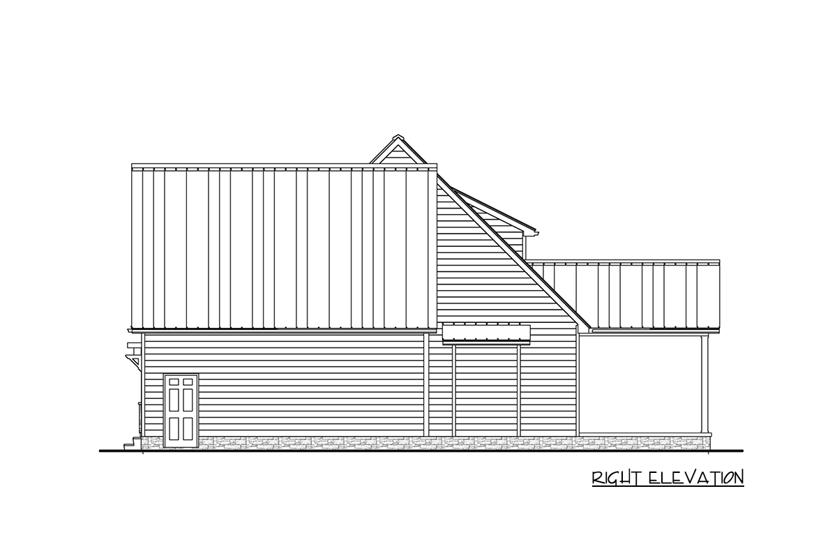 Line drawing of a house's right elevation, with a gabled roof section and a flat-roofed section. Features include a door, porch, and vertical siding.